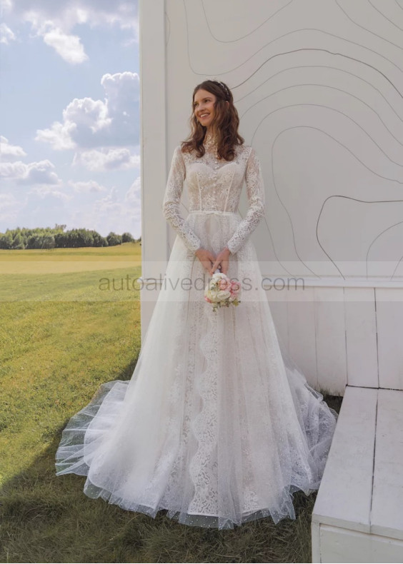 High Neck Ivory Lace Dotted Tulle Princess Wedding Dress